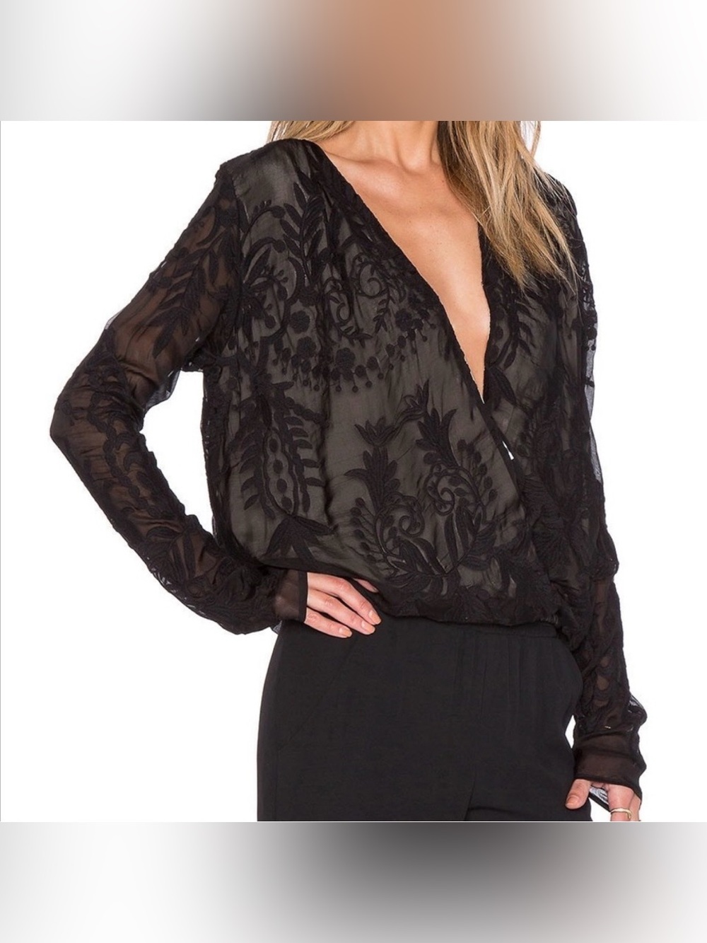 NWT Merritt Charles Embroidered Lace Faux Wrap Top